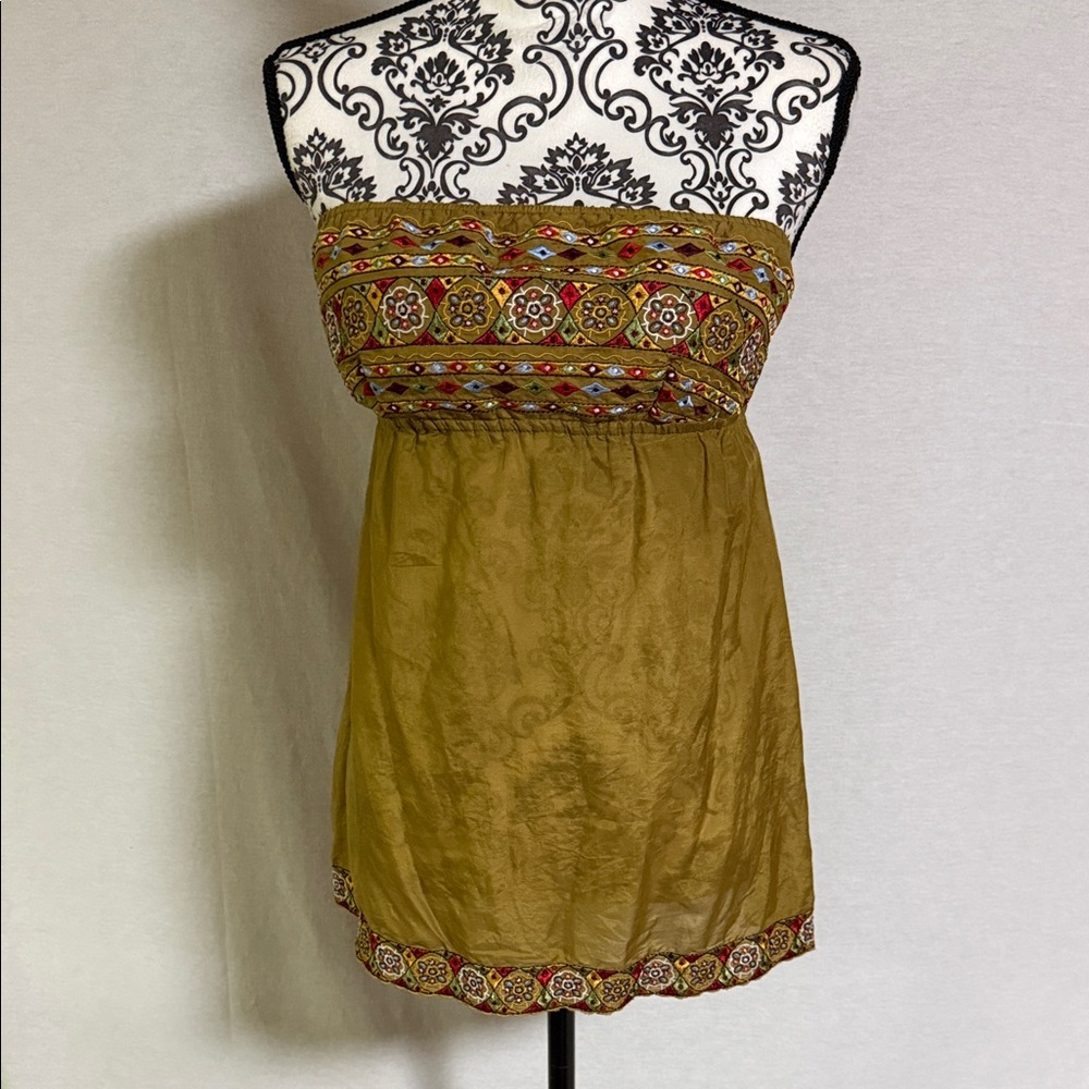 Anthropologie - Theme Strapless Mini Dress in Olive and Multicolor Embroidered